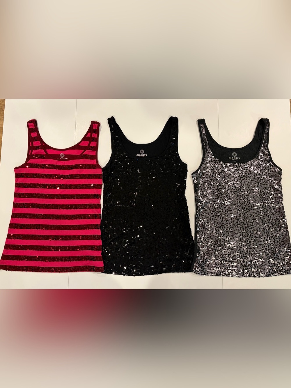 THREE Old Navy Sequin Tank Tops - black, charcoal gray and pink - Size M